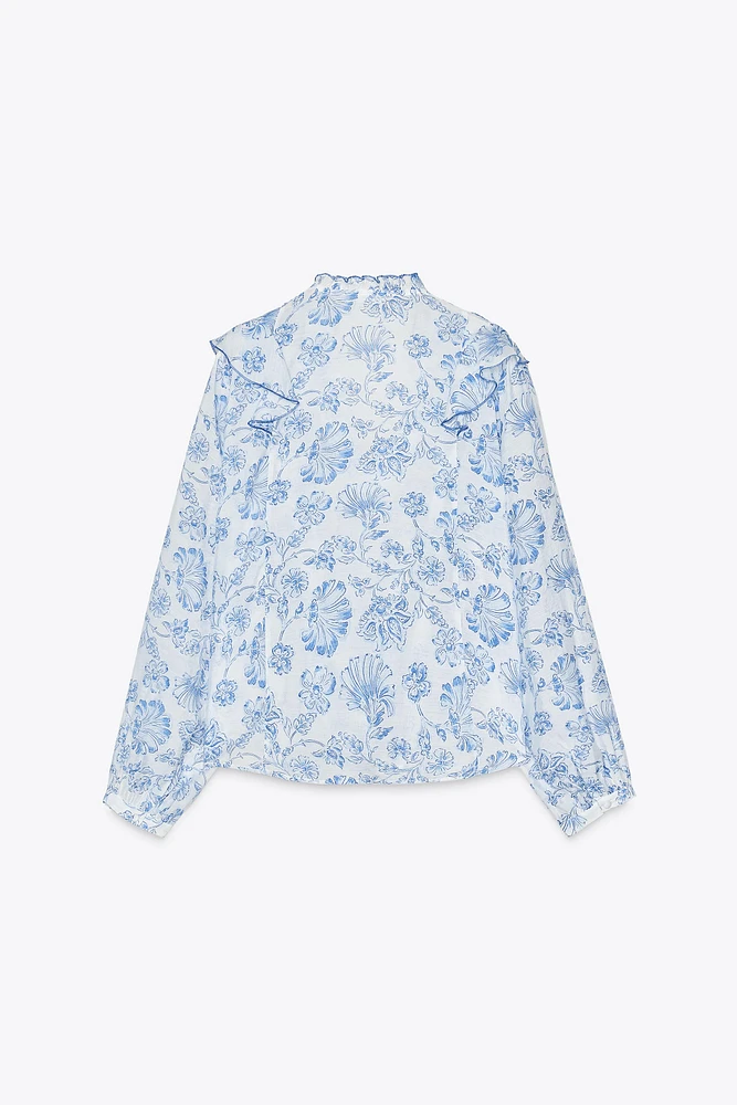 PRINTED RUFFLE PINTUCK BLOUSE