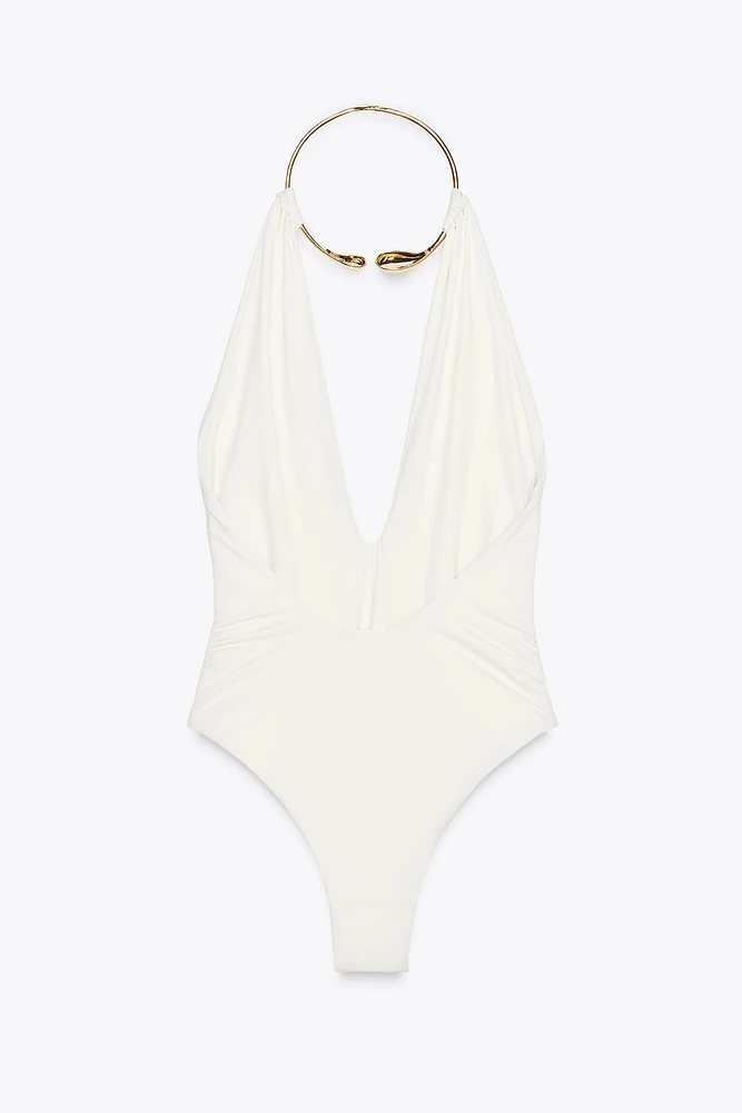 HALTER SWIMSUIT WITH METAL COLLAR