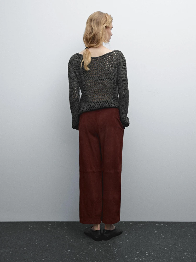 Low-rise cropped suede leather trousers