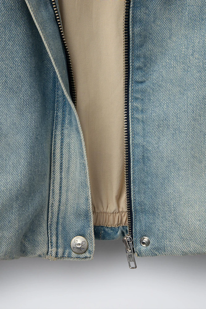 WORN EFFECT DENIM BOMBER JACKET CLOSED ©