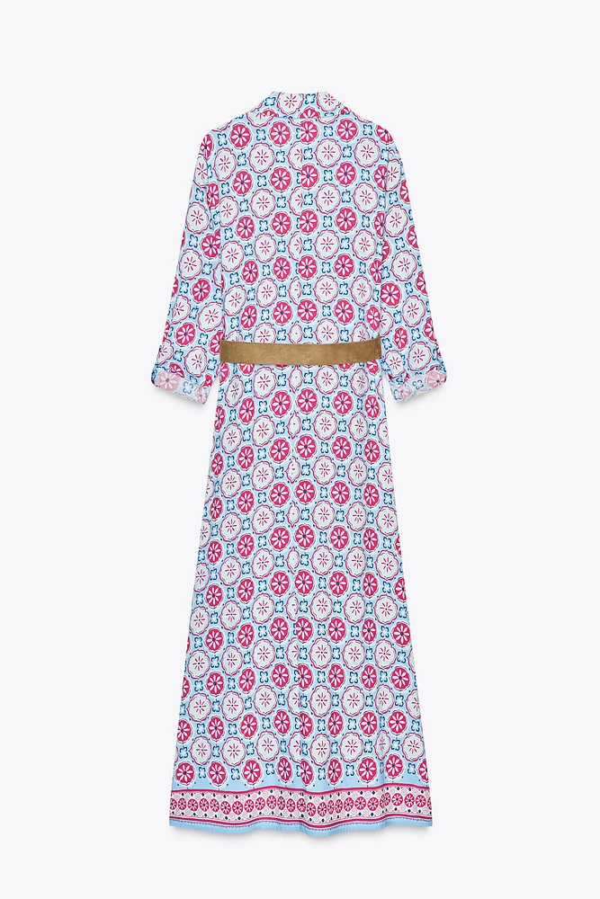 BELTED PRINT MIDI DRESS