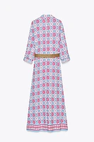 BELTED PRINT MIDI DRESS