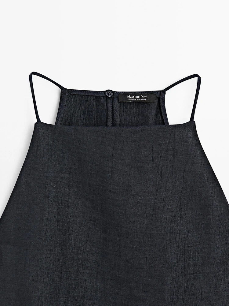 Linen blend halter top with straight neckline