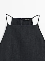 Linen blend halter top with straight neckline
