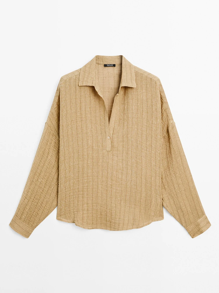 Linen blend open polo collar blouse