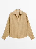 Linen blend open polo collar blouse