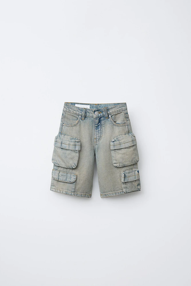 MULTI-CARGO WASHED DENIM SHORTS