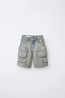 MULTI-CARGO WASHED DENIM SHORTS