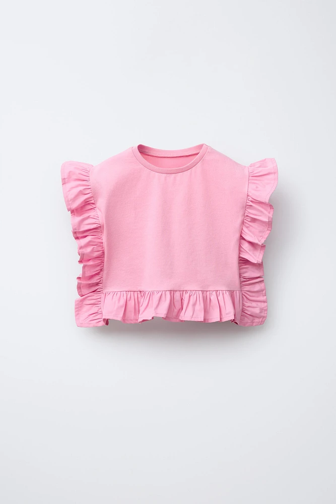 POPLIN RUFFLE MIXED T-SHIRT