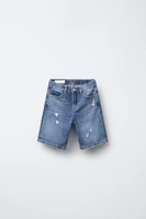 TEXT PRINT WIDE DENIM SHORTS