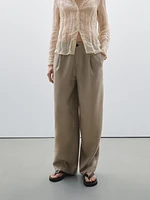 100% linen wide-leg mid-rise trousers