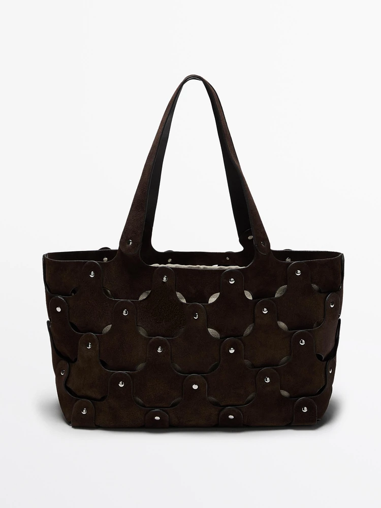 Studded split suede shopper bag