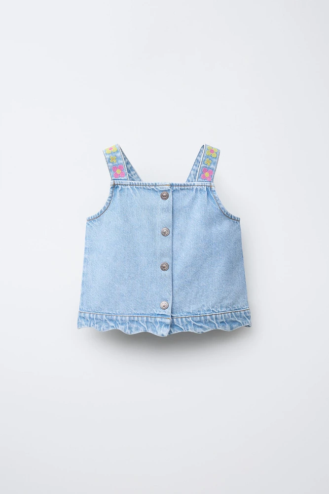 EMBROIDERED FLORAL DENIM TOP