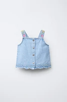 EMBROIDERED FLORAL DENIM TOP