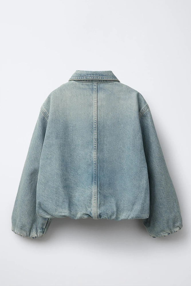 WORN EFFECT DENIM BOMBER JACKET CLOSED ©