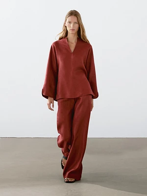 100% linen V-neck blouse