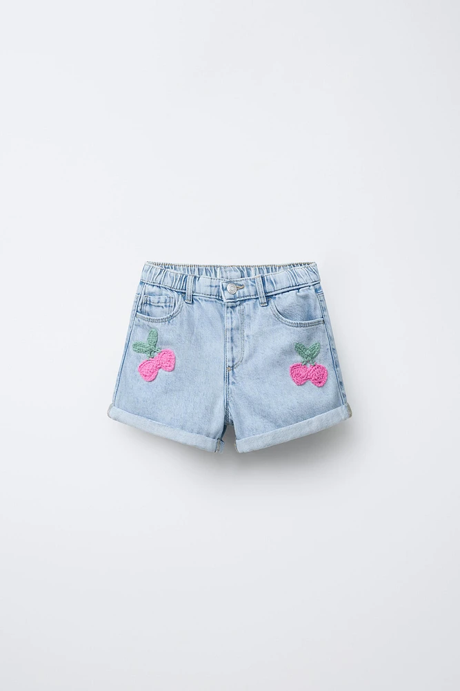 FRUIT CROCHET DENIM BERMUDA SHORTS
