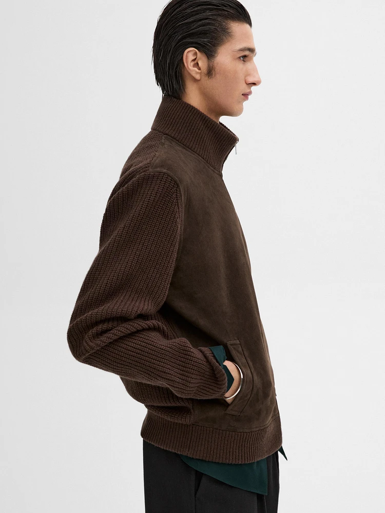 Contrast knit suede leather jacket