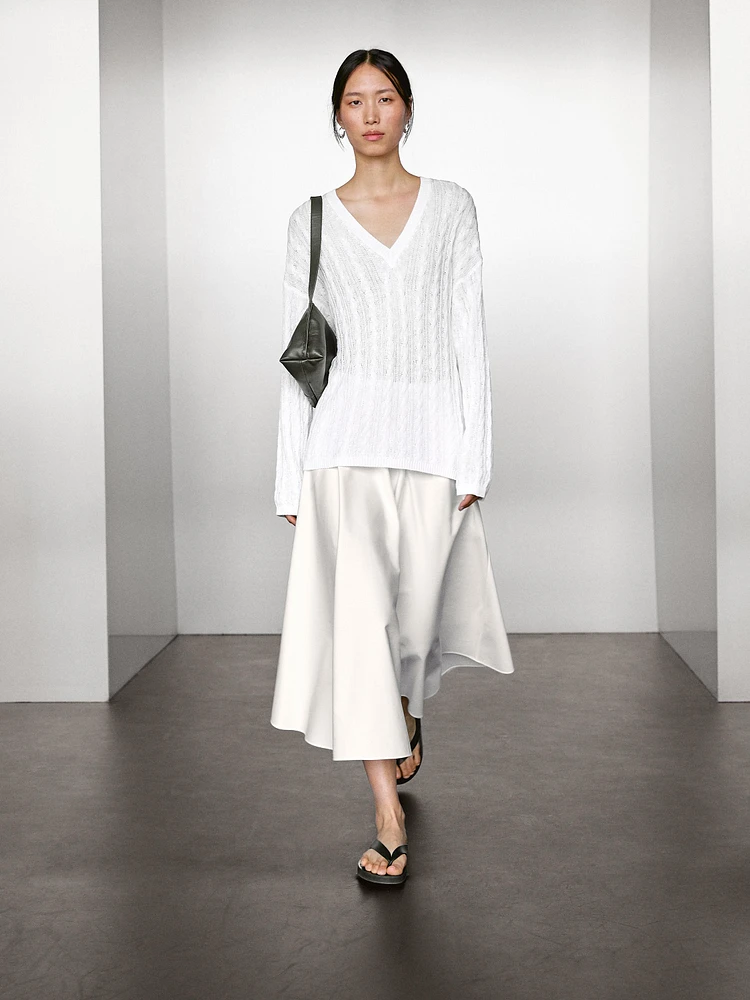 Pull coton en maille tressée ajourée