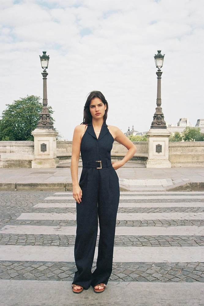 HALTER BELTED LINEN JUMPSUIT