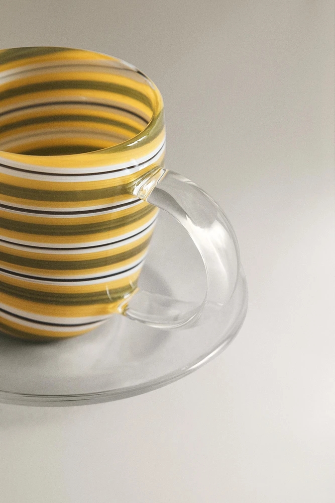 BOROSILICATE GLASS MUG AND SAUCER WITH SPIRAL DETAIL