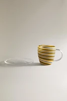 BOROSILICATE GLASS MUG AND SAUCER WITH SPIRAL DETAIL