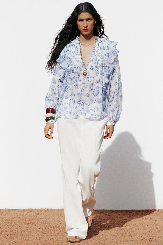 PRINTED RUFFLE PINTUCK BLOUSE