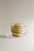 BOROSILICATE GLASS MUG AND SAUCER WITH SPIRAL DETAIL