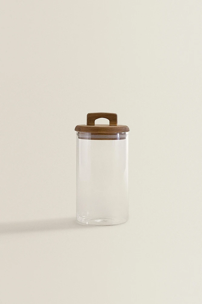 BOROSILICATE GLASS AND WOOD STORAGE JAR