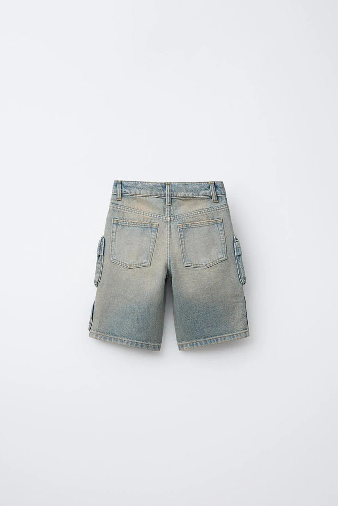 MULTI-CARGO WASHED DENIM SHORTS