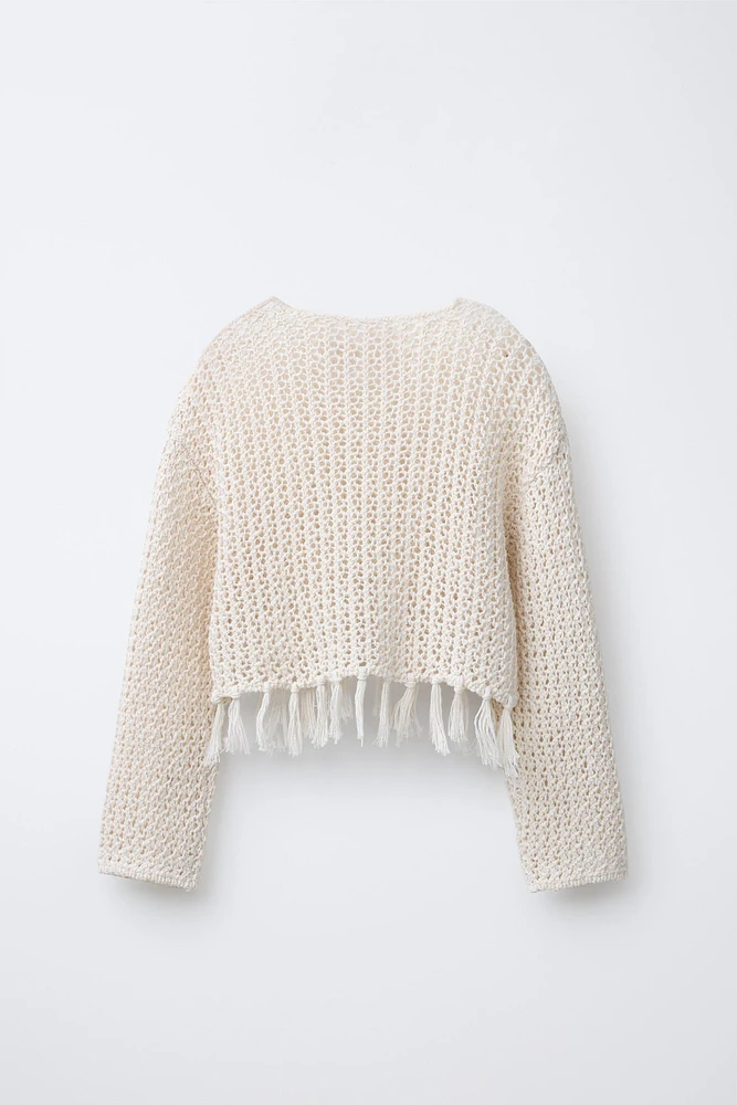 FRINGED MESH KNIT SWEATER