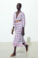 BELTED PRINT MIDI DRESS