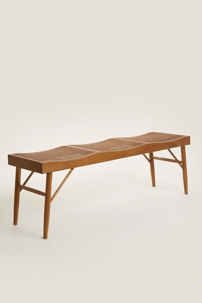 WOOD AND RATTAN BENCH