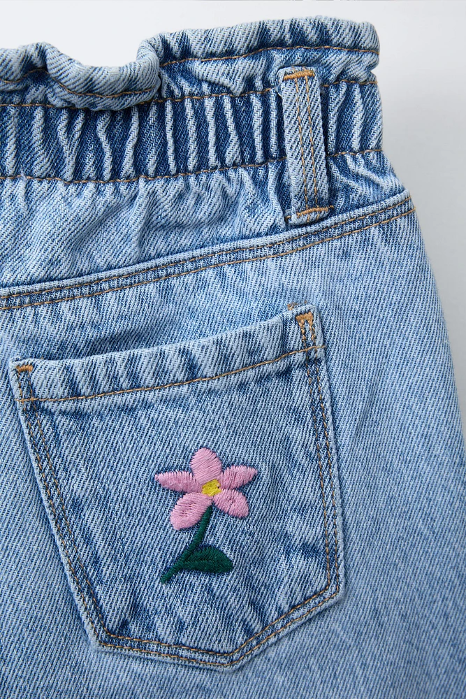 EMBROIDERED FLOWER PAPERBAG JEANS