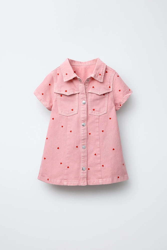 EMBROIDERED HEART SKATER TWILL DRESS
