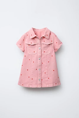 EMBROIDERED HEART SKATER TWILL DRESS