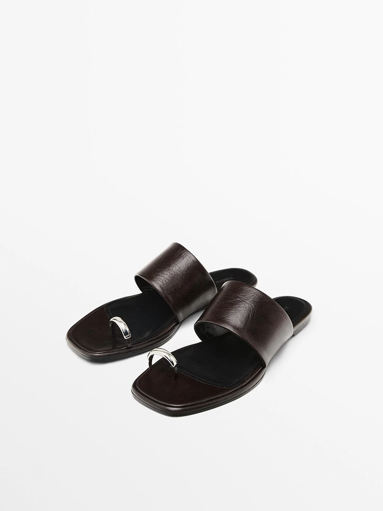 Leather flat slider sandals with ring detail