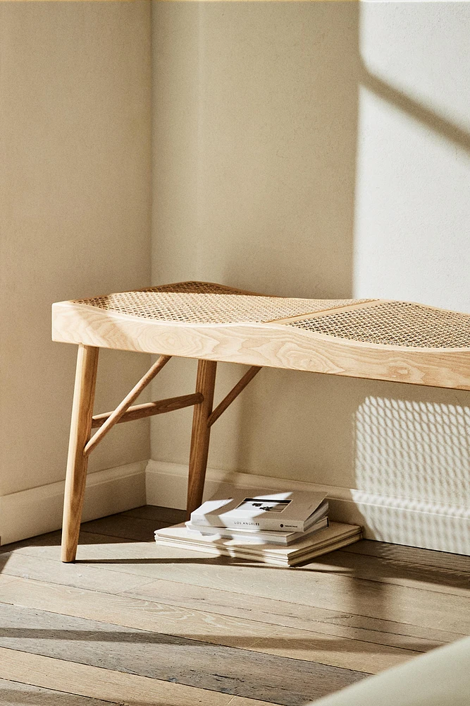 WOOD AND RATTAN BENCH