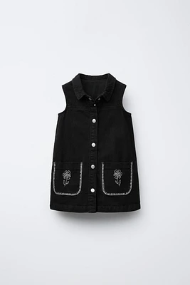 EMBROIDERED FLOWER DENIM DRESS