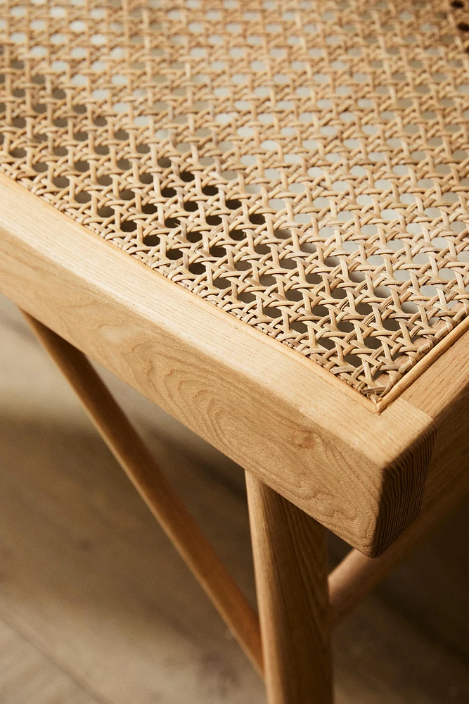 WOOD AND RATTAN BENCH