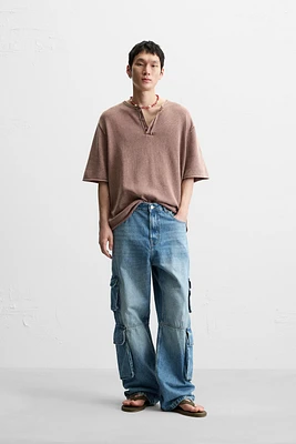 WASHED KNIT BUTTON-UP T-SHIRT