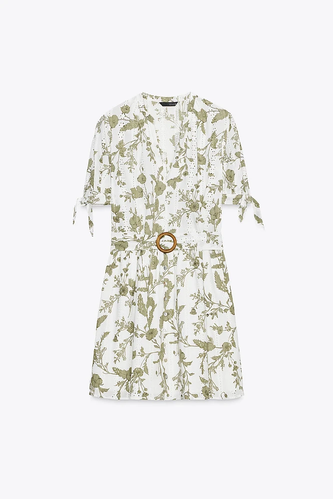 PRINTED MINI DRESS WITH OPENWORK EMBROIDERY