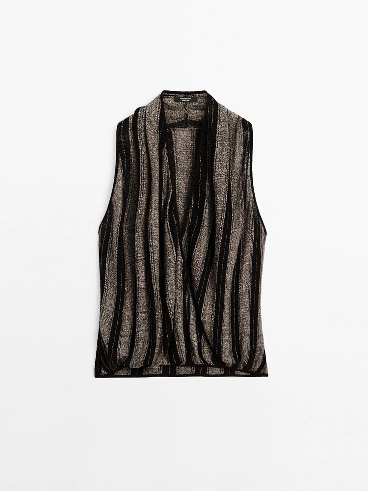 Linen blend knit crossover halter top