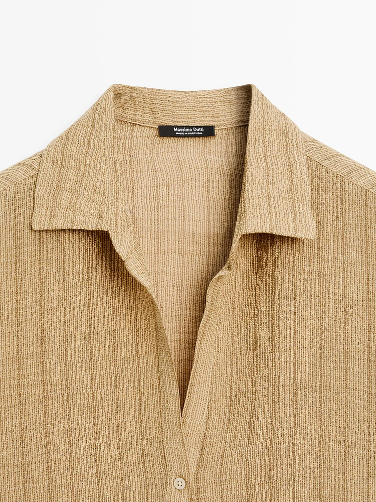 Linen blend open polo collar blouse