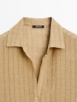 Linen blend open polo collar blouse