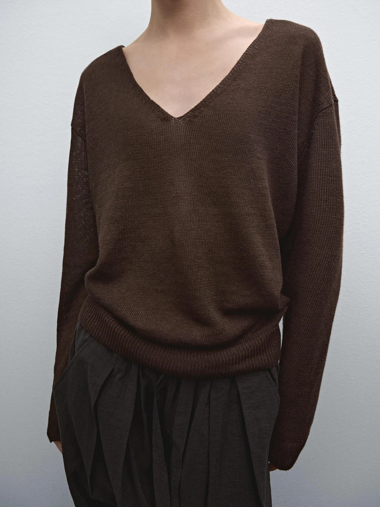 Pull en maille à col V 100 % lin