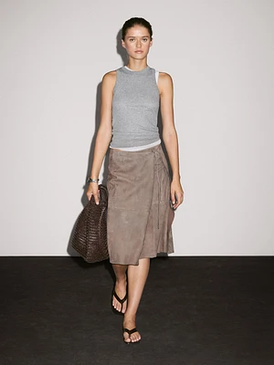 Suede leather wrap midi skirt
