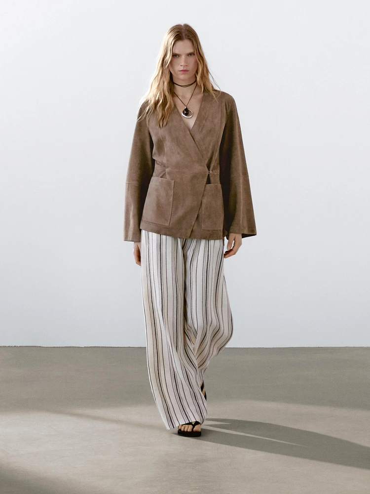 Crossover suede leather kimono