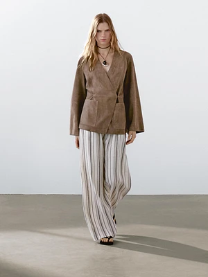 Crossover suede leather kimono