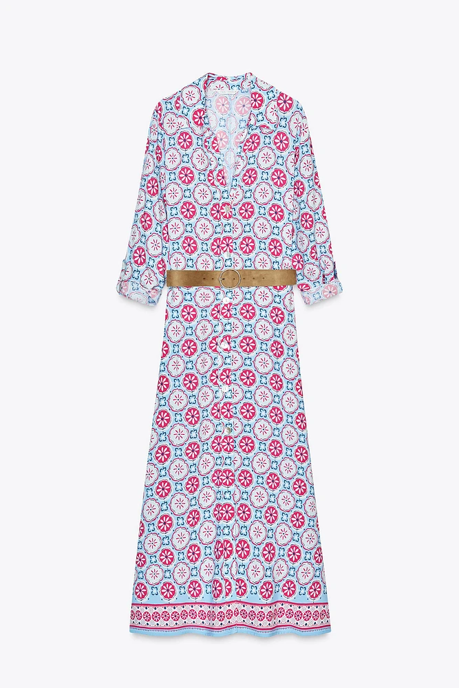 BELTED PRINT MIDI DRESS